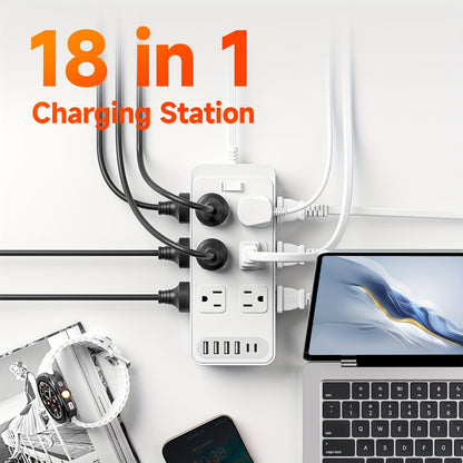 USB Extension Cord Power Strip 18-in-1 with 12 AC Outlets 6 USB Ports Surge Protector Overload Protection Switch 5FT 10FT for Home Kitchen Office Travel Accessories Black White