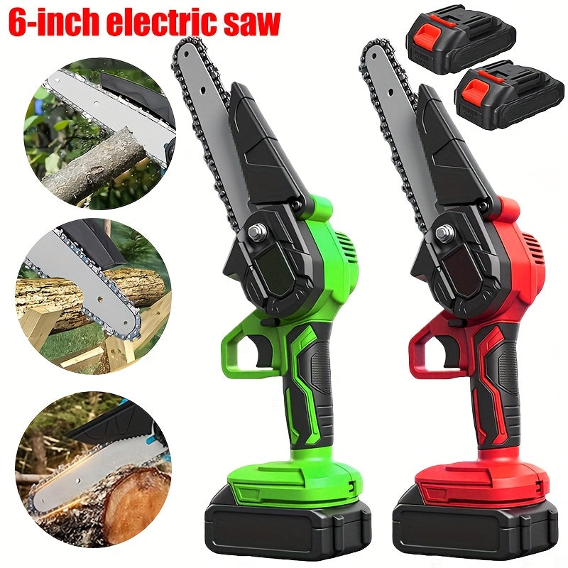 Cordless Mini Chainsaw 6 Inch with 2 Batteries & Charger | Auto Chain Tensioning Auto Lubrication Handheld Electric Saw | Branch Yard Home Garden Cutting Father's Day Gift