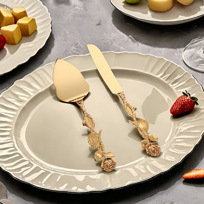 2pcs Golden Rose - Handle Tableware Set, Exquisite Cake Knife And Spatula Gift Box, High-End Food Service Equipment Supplies, Ideal Western-Style Tableware for Gifting