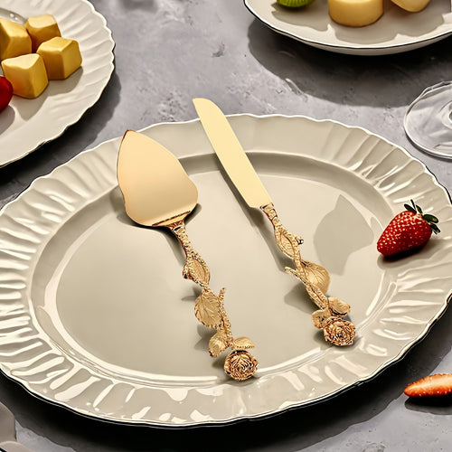 2pcs Golden Rose - Handle Tableware Set, Exquisite Cake Knife And Spatula Gift Box, High-End Food Service Equipment Supplies, Ideal Western-Style Tableware for Gifting