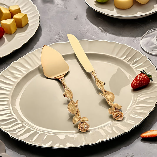 2pcs Golden Rose - Handle Tableware Set, Exquisite Cake Knife And Spatula Gift Box, High-End Food Service Equipment Supplies, Ideal Western-Style Tableware for Gifting
