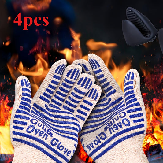 4/2pcs/set Oven Mitts, High Temperature Resistant, Grill Mitts, with Fingers, Non-slip Silicone Oven Mitts, Cooking/kitchen/baking Grill Mitts, Household Essentials