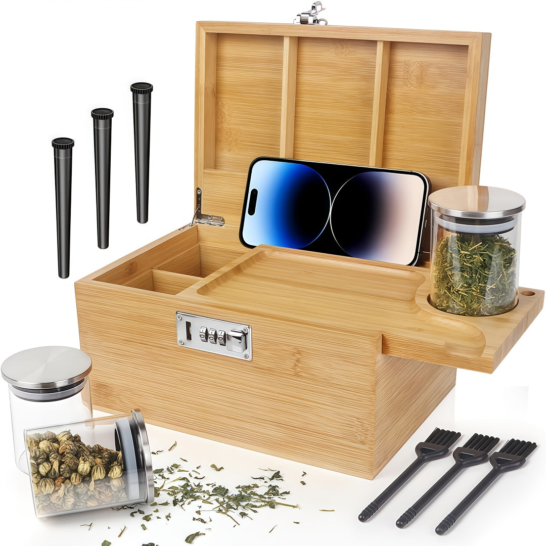 Large Bamboo Storage Box with Combination Lock - Premium Smell-Proof Design & Detachable Compartments | Includes 3 Glass Jars, Brushes & Tubes | Wooden Box Kit with Sliding-Tray- Elegant Gift Set for Essentials Organization (Black&Original)