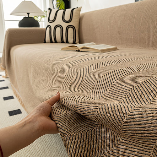 1pc of Herringbone Patterned Solid Color Sofa Cover, a Modern And Versatile Throw for Sofas, Designed to Be with Tassels, Made from Washable Polyester Fabric, Suitable for Single, Double, Triple, And Quadruple-Seater Sofas