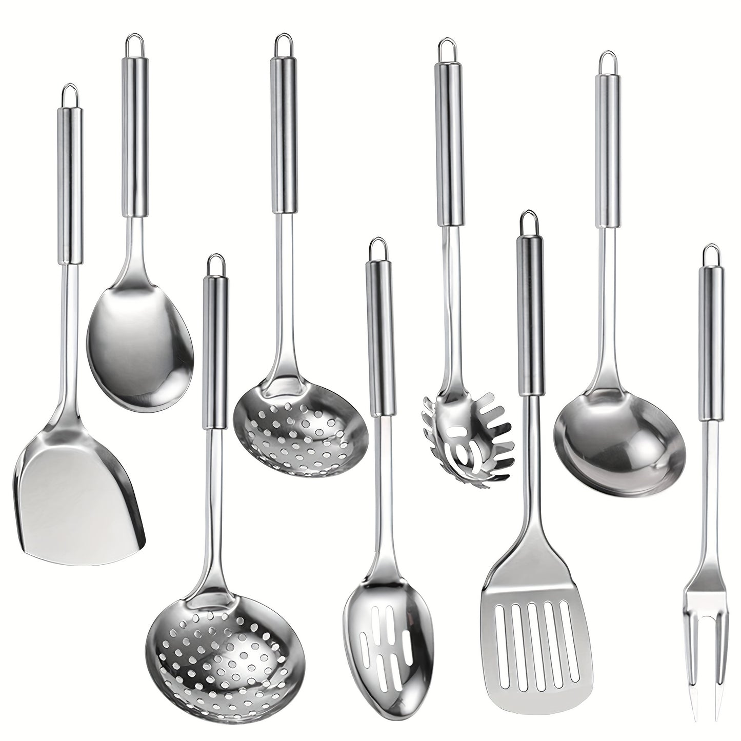 9pcs 304 Stainless Steel Cooking Utensil Set for Nonstick Cookware - Ergonomic Heat-Resistant Handles, Dishwasher Safe, Space-Saving Kitchen Tools with Hanging Holes - Gift for Home & Commercial Chefs, Best for Christmas, Perfect for Thanksgiving