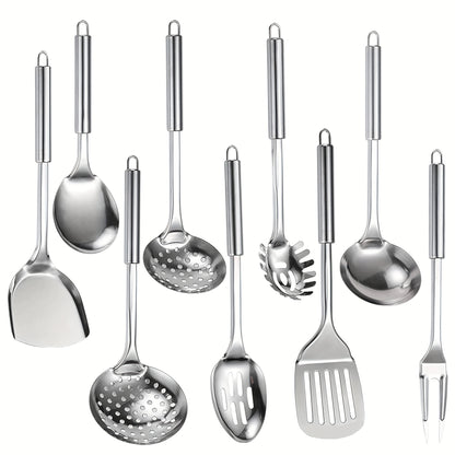9pcs 304 Stainless Steel Cooking Utensil Set for Nonstick Cookware - Ergonomic Heat-Resistant Handles, Dishwasher Safe, Space-Saving Kitchen Tools with Hanging Holes - Gift for Home & Commercial Chefs, Best for Christmas, Perfect for Thanksgiving