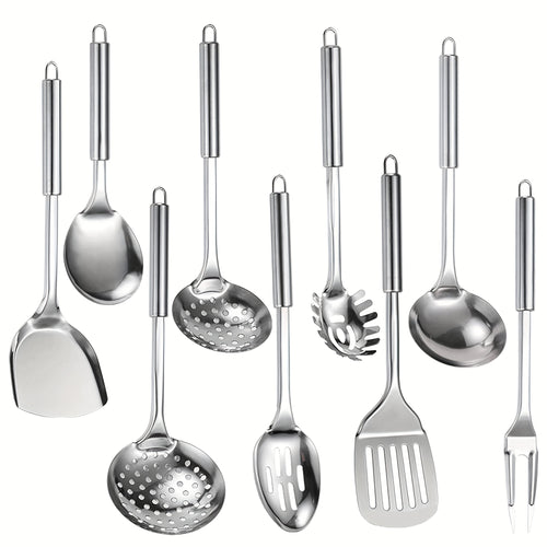 9pcs 304 Stainless Steel Cooking Utensil Set for Nonstick Cookware - Ergonomic Heat-Resistant Handles, Dishwasher Safe, Space-Saving Kitchen Tools with Hanging Holes - Gift for Home & Commercial Chefs, Best for Christmas, Perfect for Thanksgiving