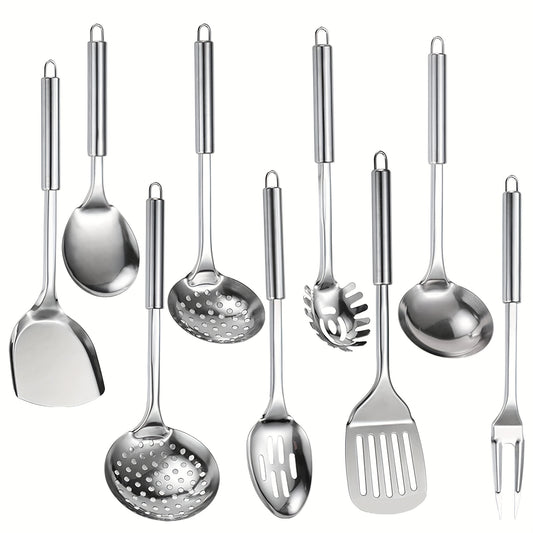 9pcs 304 Stainless Steel Cooking Utensil Set for Nonstick Cookware - Ergonomic Heat-Resistant Handles, Dishwasher Safe, Space-Saving Kitchen Tools with Hanging Holes - Gift for Home & Commercial Chefs, Best for Christmas, Perfect for Thanksgiving