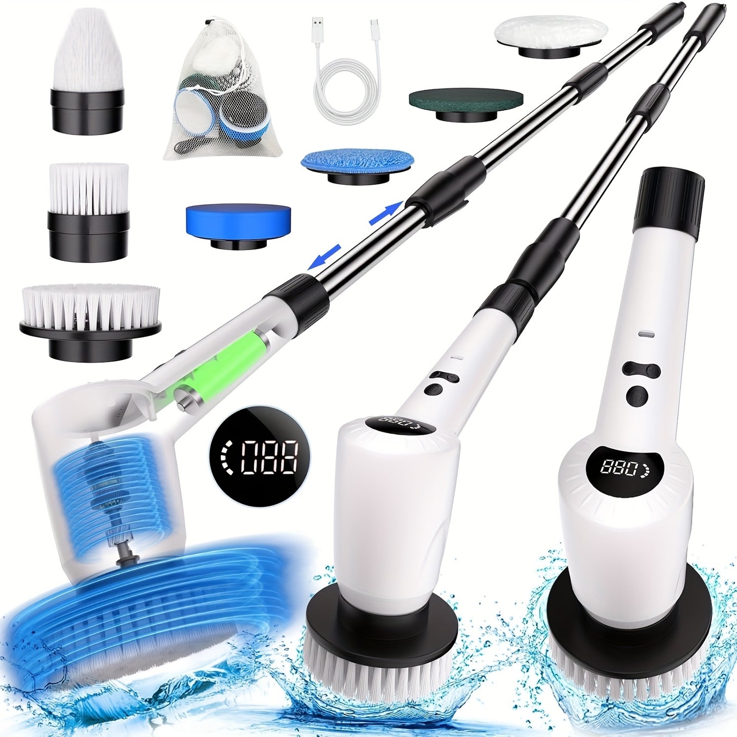 1pc 7-In-1 Motorized Rotary Cleaning Brush, Upgraded Cordless Cleaning Brush with 7 Interchangeable Cleaning Heads And 3 Rotary Speeds, Scrubber with Adjustable Extension Arm, Shower Scrubber with Power Display for Cleaning Bathrooms