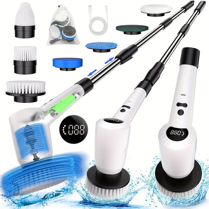 1pc 7-In-1 Motorized Rotary Cleaning Brush, Upgraded Cordless Cleaning Brush with 7 Interchangeable Cleaning Heads And 3 Rotary Speeds, Scrubber with Adjustable Extension Arm, Shower Scrubber with Power Display for Cleaning Bathrooms