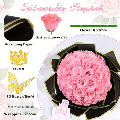 Roses Bouquet, Fake Glitter Flowers Bouquet, Everlasting Shiny Artificial Blue Rose Bouquet, Anniversary, Engagement, Wedding, 24 Roses Six Golden Butterflies (Gift of Materials)