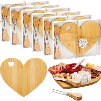 12/6Set Bridal Shower Favor Heart Cheese Board Cheese Knives Wood Mini Charcuterie Board Thank You Gift Box For Guest Bridal Prize Wedding Birthday Valentines And Christmas(Acacia & )
