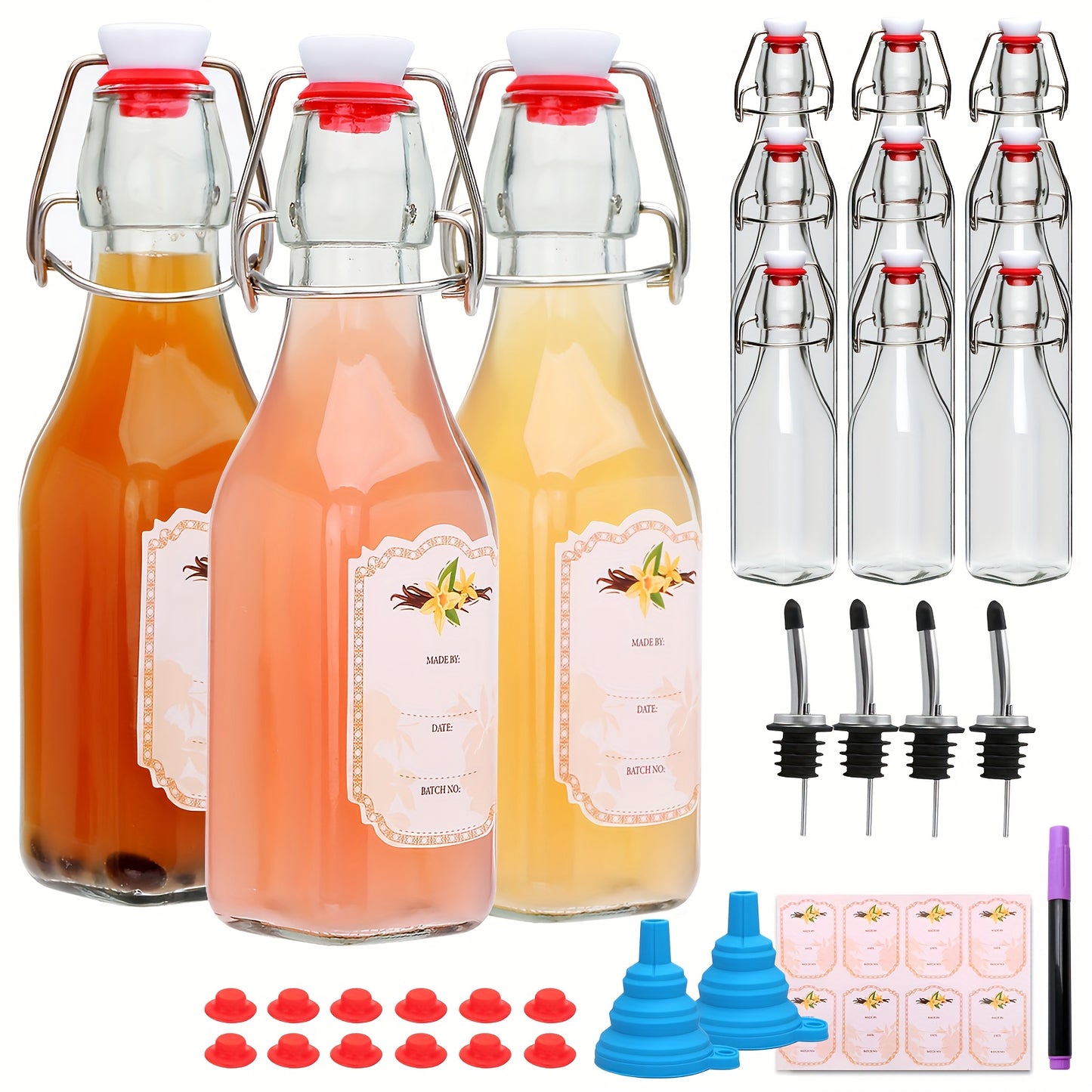 6/9/12pcs-8Oz Glass Bottles with Airtight Lids, for Kitchen Organizers And Storage, Home Brewing, Kombucha, Vanilla Extract, Vinegar, Homemade Juices, Water, Soda. Local Warehouse