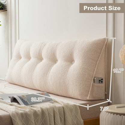 Bed Wedge Pillow Headboard Pillow with Side Pockets Removable Washable Cover Teddy Velvet Reading Pillow Twin Queen King