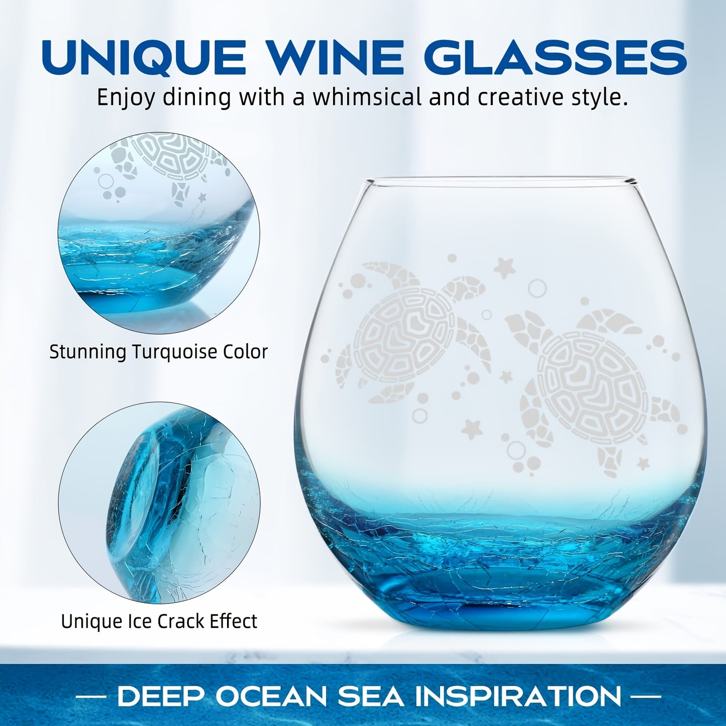 RorAem Wine Glasses - Turtles Wine Glass Hand Etched Sea Turtles Unique Wine Gifts for Women Ocean Beach Turquoise Glass Cup Stemless Wine Glass for Turtle Lovers Mom Mother 16oz Gift Box, Beautiful Gift Box Set, Christmas And Halloween Gifts
