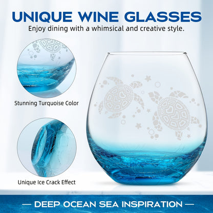 RorAem Wine Glasses - Turtles Wine Glass Hand Etched Sea Turtles Unique Wine Gifts for Women Ocean Beach Turquoise Glass Cup Stemless Wine Glass for Turtle Lovers Mom Mother 16oz Gift Box, Beautiful Gift Box Set, Christmas And Halloween Gifts