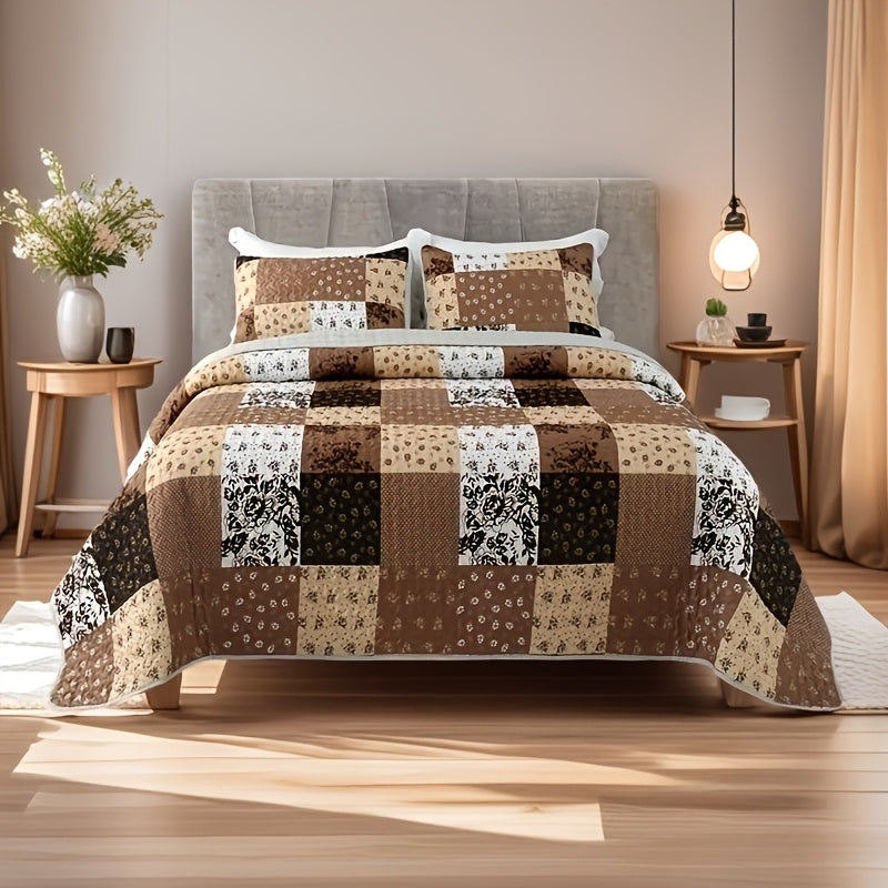 3pcs Patchwork Style Quilted Bedspread Set, Includes 1 Quilt and 2 Pillow Shams, Machine Washable, All-Season Comfort, Soft Breathable Bedroom Dorm Decor Bedding Set, 100% Polyester, Active Printing, Quilting Craftsmanship, 90g Fabric Weight