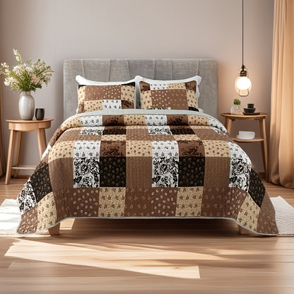 3pcs Patchwork Style Quilted Bedspread Set, Includes 1 Quilt and 2 Pillow Shams, Machine Washable, All-Season Comfort, Soft Breathable Bedroom Dorm Decor Bedding Set, 100% Polyester, Active Printing, Quilting Craftsmanship, 90g Fabric Weight