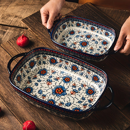 2pcs Bohemian Porcelain Baking Dishes - 13-inch Large Rectangular Baker Set  Elegant Mother's Day Gift for Home Chefs, Kitchen Essentials, Decorative Cookware, Stylish Bakeware, Premium Cookware, Durable Bakeware, Cooking Enthusiasts