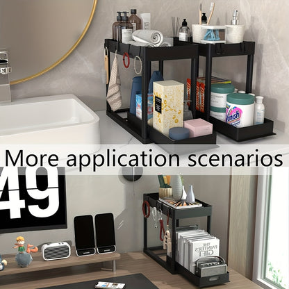 Set of 2 Under-Sink Organizers, Bathroom Cabinet Storage Solution, Dual-Tier Sliding Basket Drawers, Versatile Bath Collection Baskets for Under-Counter Storage with 8 Hooks