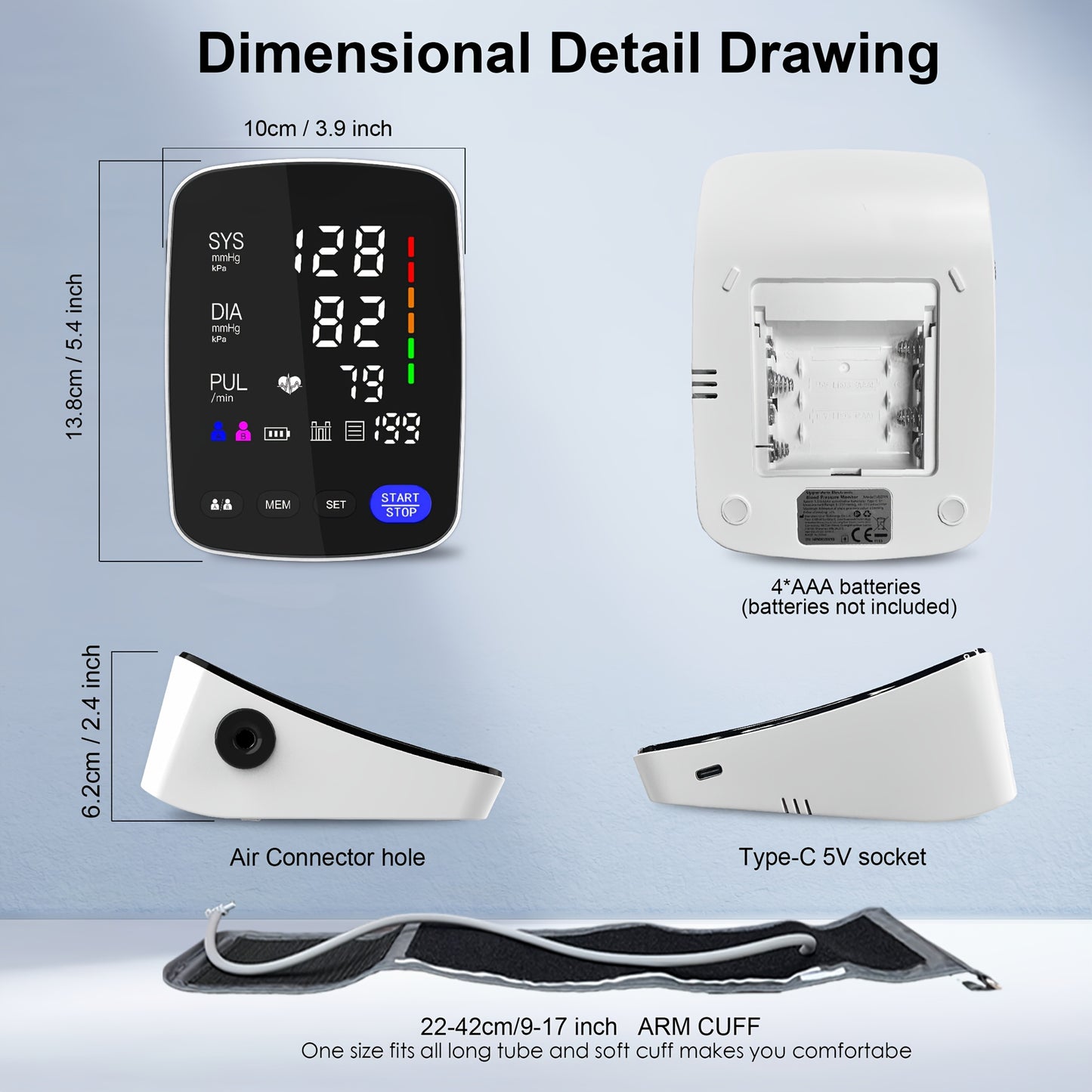 Upper Arm Blood Pressure Monitor – Automatic Digital BP Machine, Large LED Display, 2-User 198 Memory, Adjustable Cuff 8.7-17in, One-Touch, Type-C, Home Use