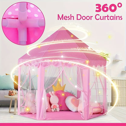 Hexagonal Shape Kids Princess Tent with Sheer Door Curtain, Spotted Flower Patterned Kids Mosquito Net, Elegant Hexagonal Kids Castle, Suitable for Indoor/Outdoor Use