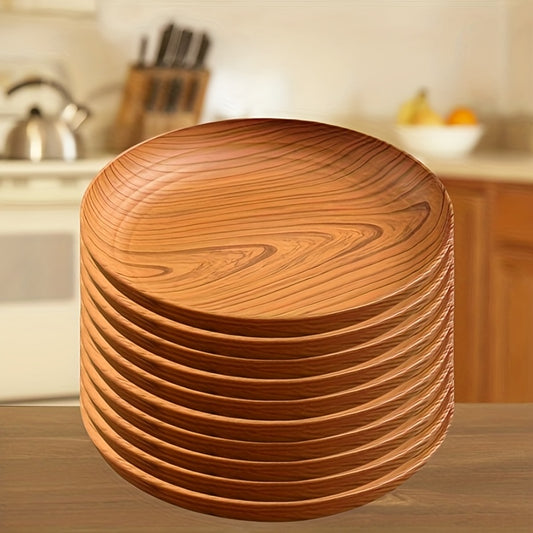 10pcs Creative New Wood Grain Color Dinner Plates - Plastic Material Round Striped Pattern | High-End Luxury Feel Suitable for Home, Dessert Shop Restaurant Snacks Dessert Fruit Tray, Water Cup Tea Cup Storage Tea Tray | Commercial Cake Dessert Dinner Pla