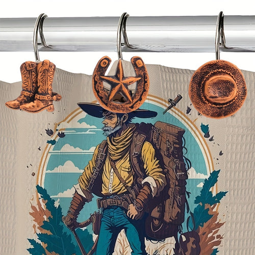 12 Shower Curtain Hooks Western Cowboy and Rural Farmhouse Style Bathroom Accessories - Vintage Metal Resin with Horse Boots, Hats, and Star Patterns