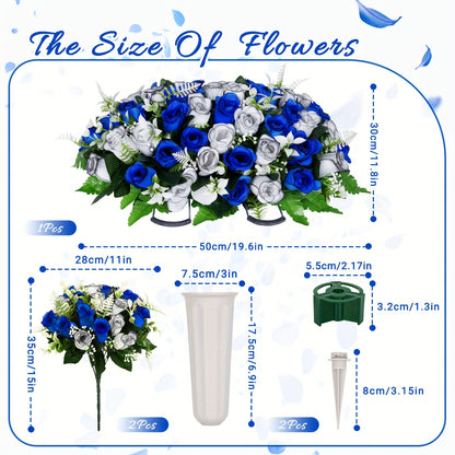 Artificial Cemetery Flowers for Grave with Saddle, Silk Rose Bouquet Headstone Decoration, Memorial Day Grave Flowers, Outdoor Grave Marker Floral Arrangement, 1/2/3 PCS