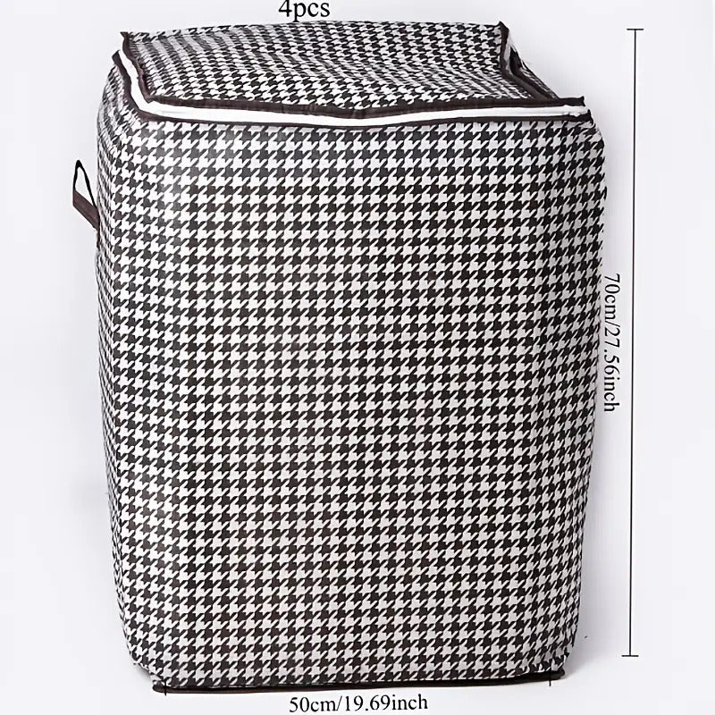4pcs Large Storage Box Set- Black and White Checkered Pattern with Thickened Inner Lining and Double Zipper Design, Stackable with Lid and Carry Handle, Convenient for Moving, and Home Organization- Suitable for Seasonal Storage of Clothes, Under-Bed