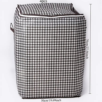 4pcs Large Storage Box Set- Black and White Checkered Pattern with Thickened Inner Lining and Double Zipper Design, Stackable with Lid and Carry Handle, Convenient for Moving, and Home Organization- Suitable for Seasonal Storage of Clothes, Under-Bed