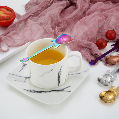 6pcs Guitar Shaped Spoon Random Color, 304 Stainless Steel Creative Color Tableware Set, Suitable For Coffee, Milk, Ice Cream
