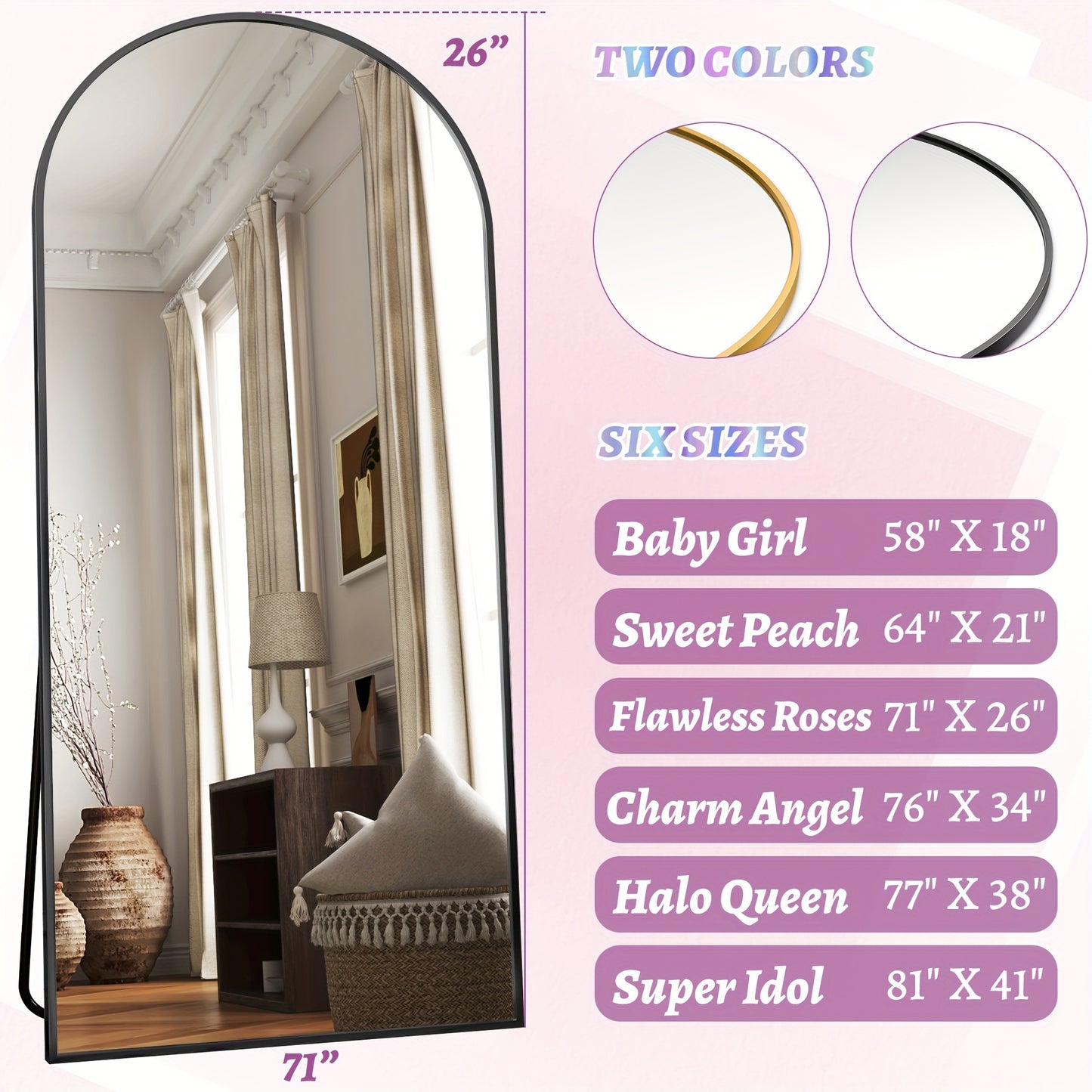 Full Length Mirror Arched Floor Mirror with Stand - Freestanding & Wall Mount Full Body Mirror for Bedroom, Living Room & Cloakroom, Available in 59"x18", 64"x21", 68"x26", Elegant Home Decor