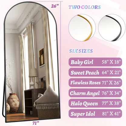 Full Length Mirror Arched Floor Mirror with Stand - Freestanding & Wall Mount Full Body Mirror for Bedroom, Living Room & Cloakroom, Available in 59"x18", 64"x21", 68"x26", Elegant Home Decor