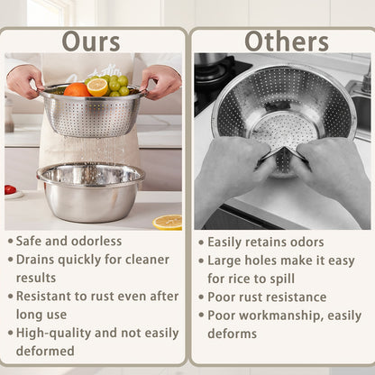 2pcs Vegetable Colander Stainless Steel 3-Quart with Mixing Bowls, Rice Washing Bowl, Strainer for Kitchen Food for Washing Vegetables, Fruit, Rice, Dishwasher Safe. Kitchen Utensils, Kitchen Additions