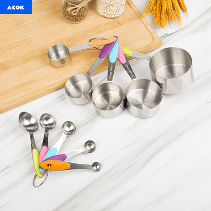 Stainless Steel Measuring Cups and Spoons Set 5pcs with Silicone Handle - Baking & Cooking Kitchen Measurement Tools