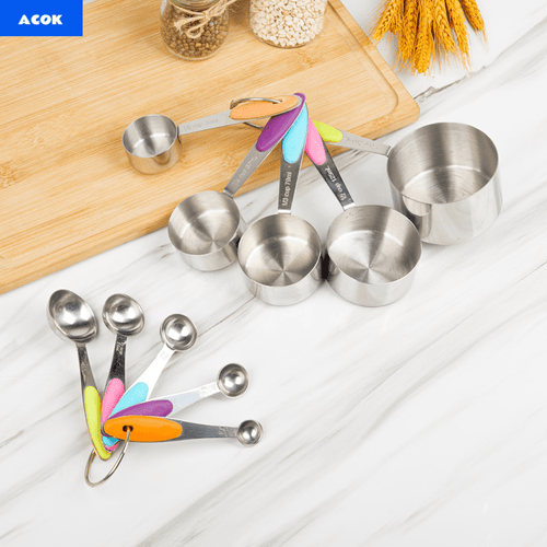 Stainless Steel Measuring Cups and Spoons Set 5pcs with Silicone Handle - Baking & Cooking Kitchen Measurement Tools