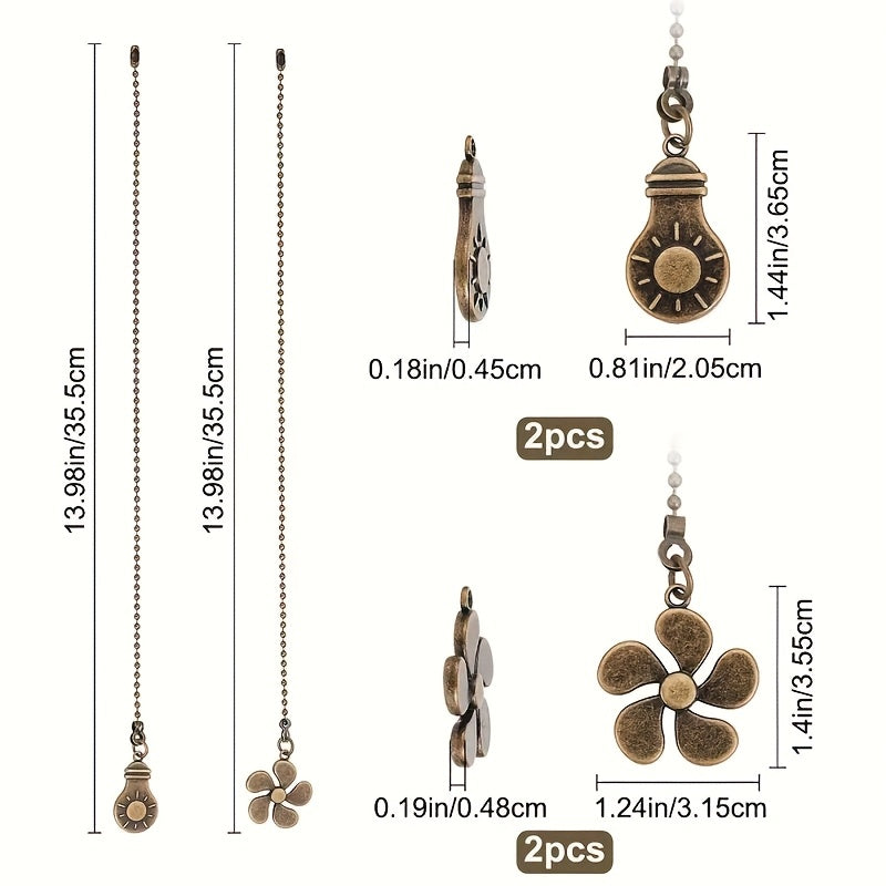 Ceiling Fan Pull Chain Extension Set of 8 - Decorative Bead Chain Pull Cord with Five-Leaf & Bulb Pendants, Iron Chain & Zinc Alloy, Bronze, Black, White, Red, Multi-Color, No Batteries Required