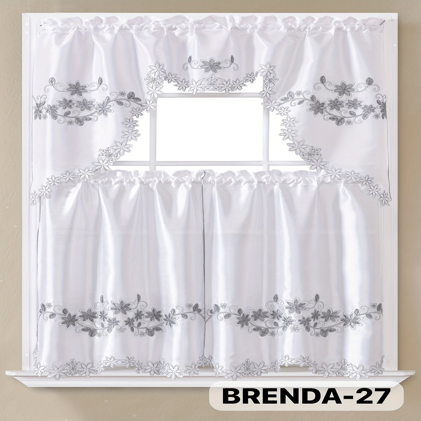 3pcs Embroidery Kitchen Curtains Set Flowers Embroidery Satin Fabric Faux Lightweight Soft Easy Care Machine Washable 49 Design Styles Available Holiday Gifts for Family Local Warehouse All Season Use Summer