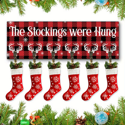 A Single Christmas Stocking Holder Featuring Six Hooks, Designed to Hang Stockings on a Wooden Sign. This Decorative Wall Hook Rack Is Perfect for Mantels, Showcasing The Phrase 'The Stockings Were Hung' in a Snowflake Design