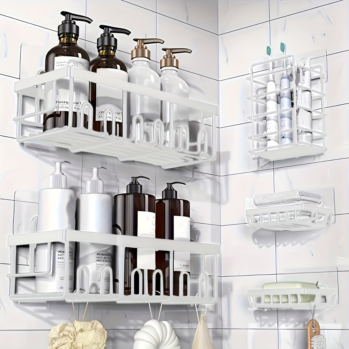 Shower Caddy Organizer, 5-Pack Adhesive Rustproof Stainless Steel Shower Shelves with Soap Holder, No Drilling Shower Storage Rack for Family Renters Bathroom, Random Colors F to Choose, Shower Caddies