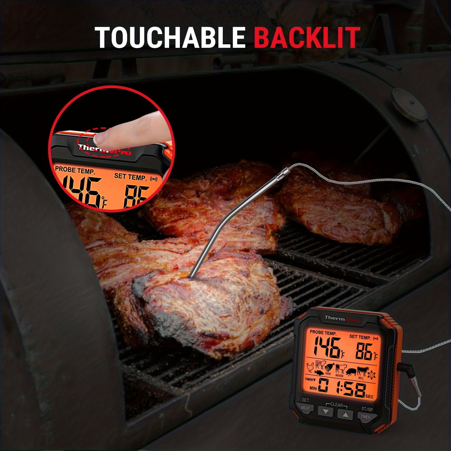 ThermoPro TP716 Digital Meat Thermometer | Backlit, Oven Safe with Meat Probes, Temp Alert for Smoker, BBQ, Oven, Plastic, Single Use, Dry Battery Powered, Can Be Given as a Gift
