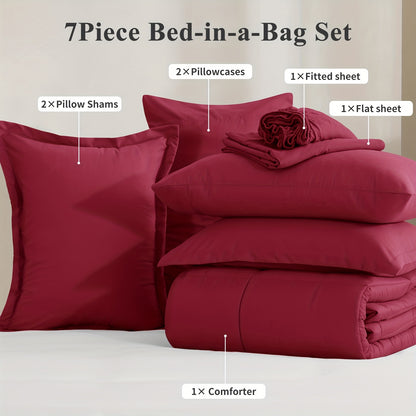7pcs Comforter Set-Luxury Soft Fluffy Bedding With 1 Comforter, 1 Fitted Sheet, 1 Flat Sheet, And 4 Pillowcases & Pillow Cover-All Season Quilte Set Queen, Hypoallergenic, Breathable, Easy Care, Valentine'S Day Bed In A Bag, Gifts For Her