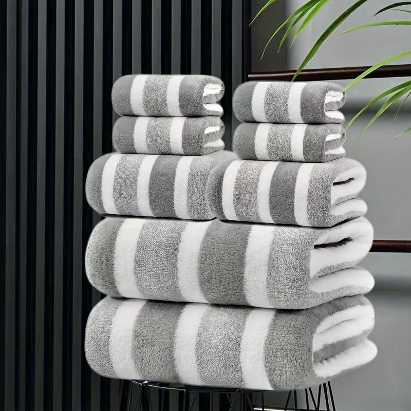 8pcs Set, No Hair Loss, Super Water Absorption, Super Soft Five-Star Hotel Standard Two-Color Striped Interval Combination, Including 2 Large Towels, 2 Large Face Towels And 4 Hand Towels