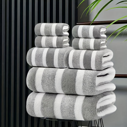 8pcs Set, No Hair Loss, Super Water Absorption, Super Soft Five-Star Hotel Standard Two-Color Striped Interval Combination, Including 2 Large Towels, 2 Large Face Towels And 4 Hand Towels