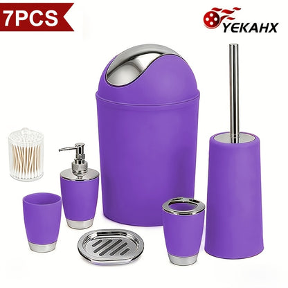 7pcs Luxury Bathroom Accessory Set - Premium Quality, Modern Style - Complete With Trash Can, Toilet Brush, Lotion Dispenser, Soap Dish, Mouthwash Cup & Toothbrush Holder - Space-Saving, Easy To Clean, Ideal For Bathroom Decor And Housewarming Gifts