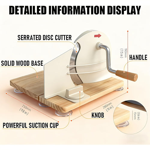 Hand-Operated Bread Cutter for Artisanal Sourdough, Featuring Adjustable Thickness for Uniform Slices, a Hand Crank Mechanism with Measurement Markings, And a Suction Base, Designed with a Serrated Blade