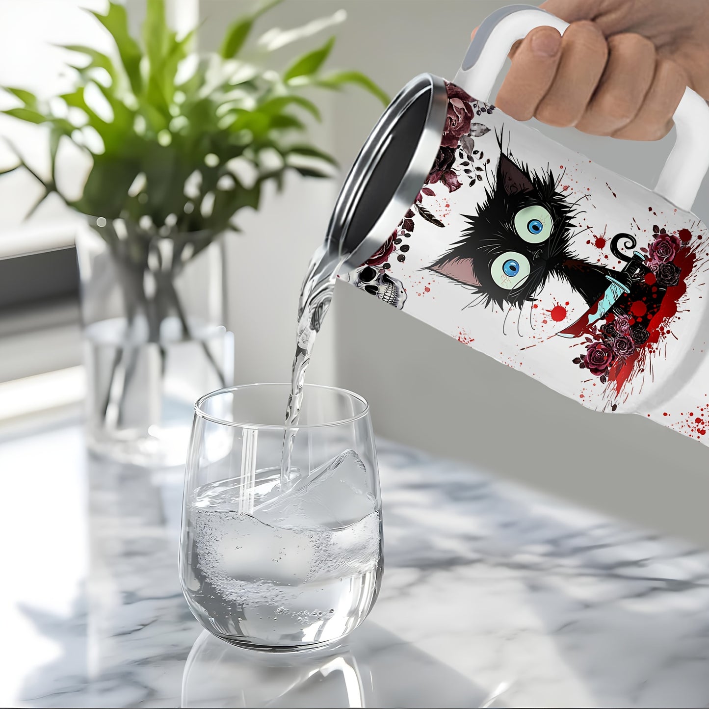 1pc Horror Cat Coffee Mug, Halloween Stainless Steel Insulated Cups 40oz, Halloween Cat Cups with Lids And Straws, Halloween Coffee Cups, Large Capacity Coffee Cup, Stainless Steel Insulated Cup with Handle, Horror Cat Cup, White Coffee Cup