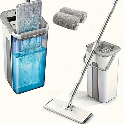 Home Mop and Bucket Set with Wringer – Flat Mop System for Efficient Floor and Wall Cleaning, Includes 2 Reusable Microfiber Pads, Ideal for Bedroom, Bathroom, Kitchen, Living Room, Household Cleaning Tools|Sleek Mop Design|Metal Handle Mop, Mops for Floo