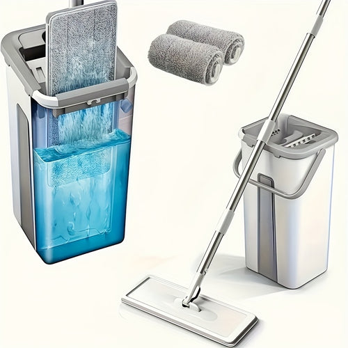 Home Mop and Bucket Set with Wringer – Flat Mop System for Efficient Floor and Wall Cleaning, Includes 2 Reusable Microfiber Pads, Ideal for Bedroom, Bathroom, Kitchen, Living Room, Household Cleaning Tools|Sleek Mop Design|Metal Handle Mop, Mops for Floo